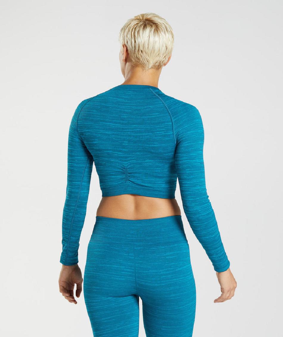 Gymshark Adapt Marl Seamless Long Sleeve Ženske Ošišane Majice Plave Tamno Sive Plave | HR 3596CTV